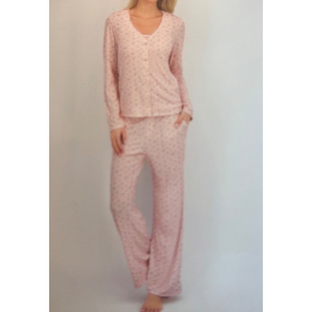 Live 2 Lounge 3 Piece Pajama Set Womens Large Pink Floral Cardigan Tank Pants - Picture 14 of 14